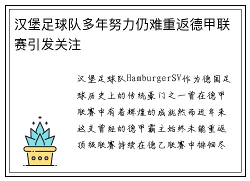汉堡足球队多年努力仍难重返德甲联赛引发关注